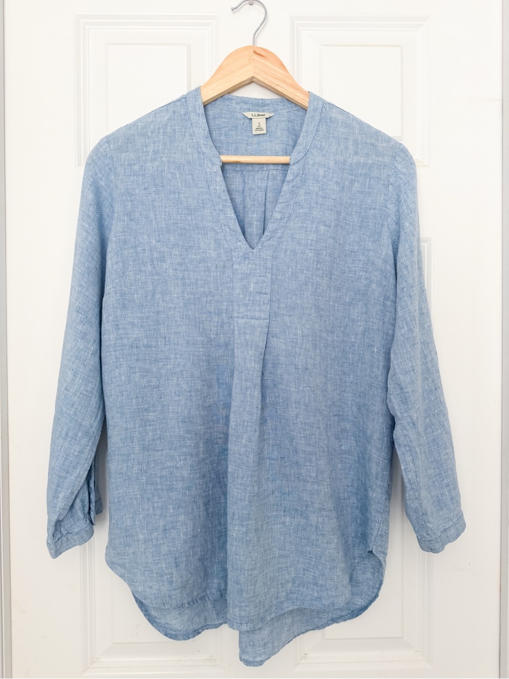 L.L.Bean 100% Linen Tunic Top Blue Split Neck Relaxed Hi Low Small
